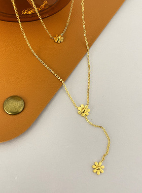 网红ins新款钛钢双层叠戴小菊花项链女锁骨链冷淡风简约小众设计