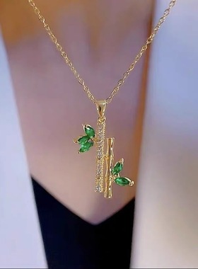 铜镀18K轻奢锆石高级感绿色平安竹项链女潮创意时尚简约气质颈链