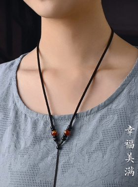 黑曜石红玛瑙吊坠挂绳
