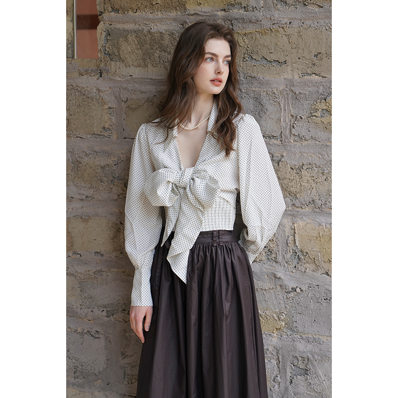 miorastudio法式复古波点白衬衫女 设计感小众春季绑带蝴蝶结上衣