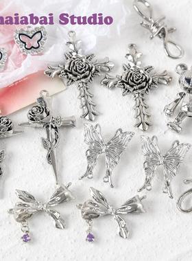 暗黑少女风荆棘玫瑰爱心十字架合金吊坠diy手工串珠项链手链配件