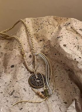 新中式山鬼花钱项链手工编织绳锁骨链古铜币汉服配饰复古中国风潮