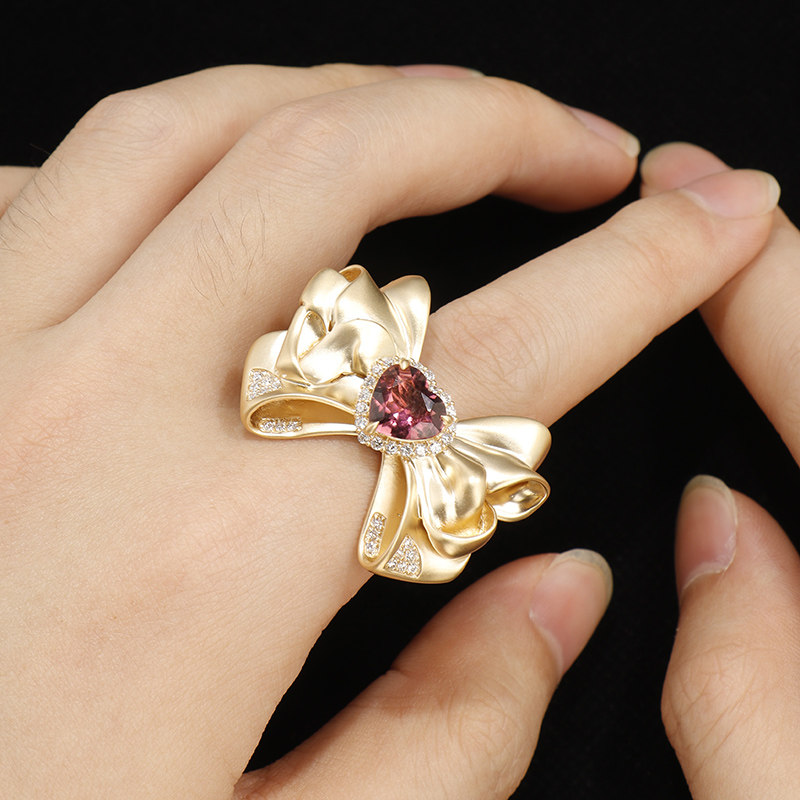 VINCARRY 18K gold bow tourmaline ring for women