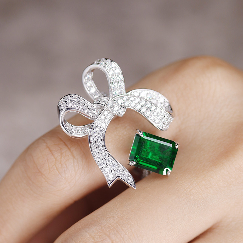 18K gold bow emerald ring for women