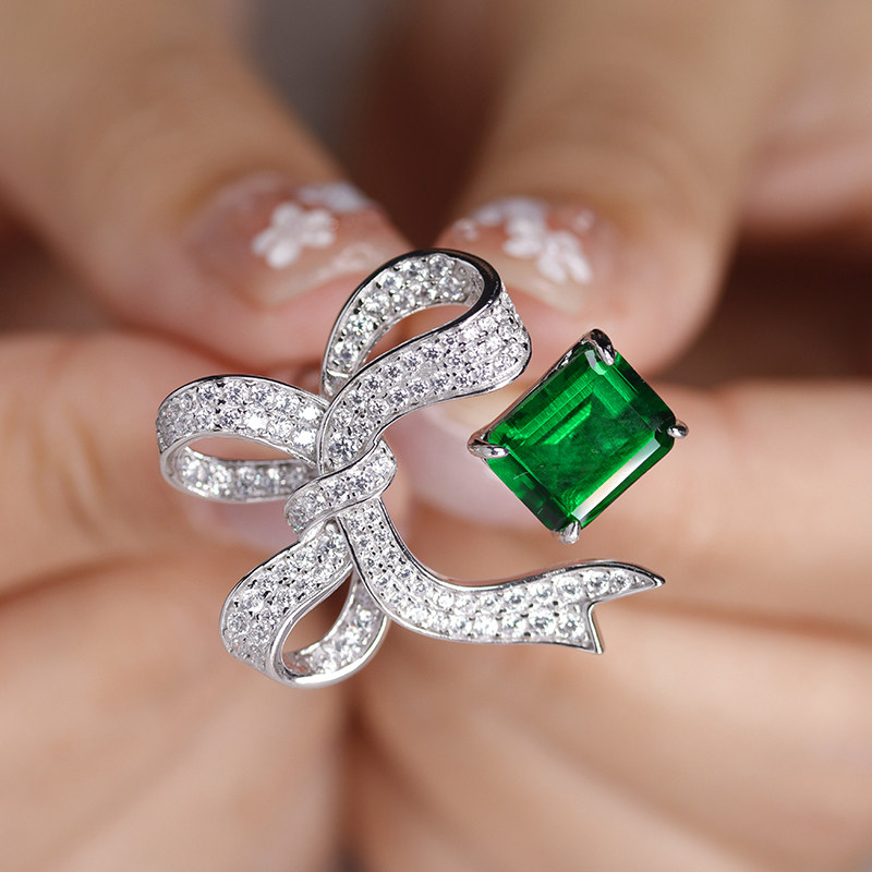 18K gold bow emerald ring for women