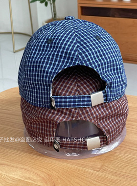 韩系蓝格小猫刺绣棒球帽女格纹软