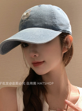 牛仔猫咪刺绣棒球帽女软顶可爱百搭显脸小鸭舌帽