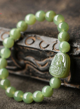 天然和田玉手链男女同款本命马年招财转运生肖本命佛青玉圆珠手串
