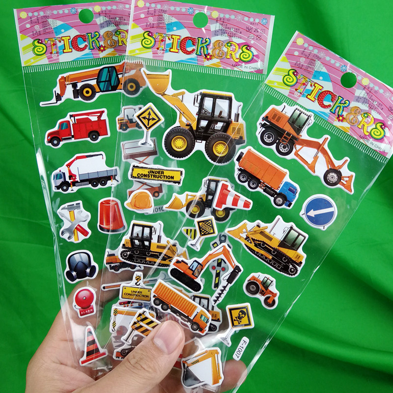 儿童可爱卡通工程车贴纸挖机吊车消防车立体3d防水 泡泡贴画粘贴,淘宝优惠券,粉丝福利购,淘宝优惠卷