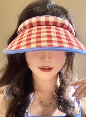 红色格子空顶防晒帽女夏