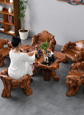 仿根雕茶桌椅雕刻艺术简约中式功夫泡茶台家用小户型个性户外茶几