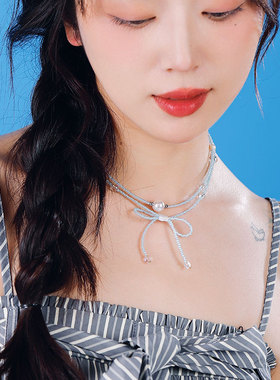 蒜蓝色叠戴项链可调节蝴蝶结少女心蓝色串珠锁骨链颈链原创甜美