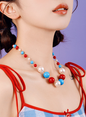 蒜了耳饰原创手工大颗贝珠彩珠夸张红蓝项链小众设计感颈链锁骨链