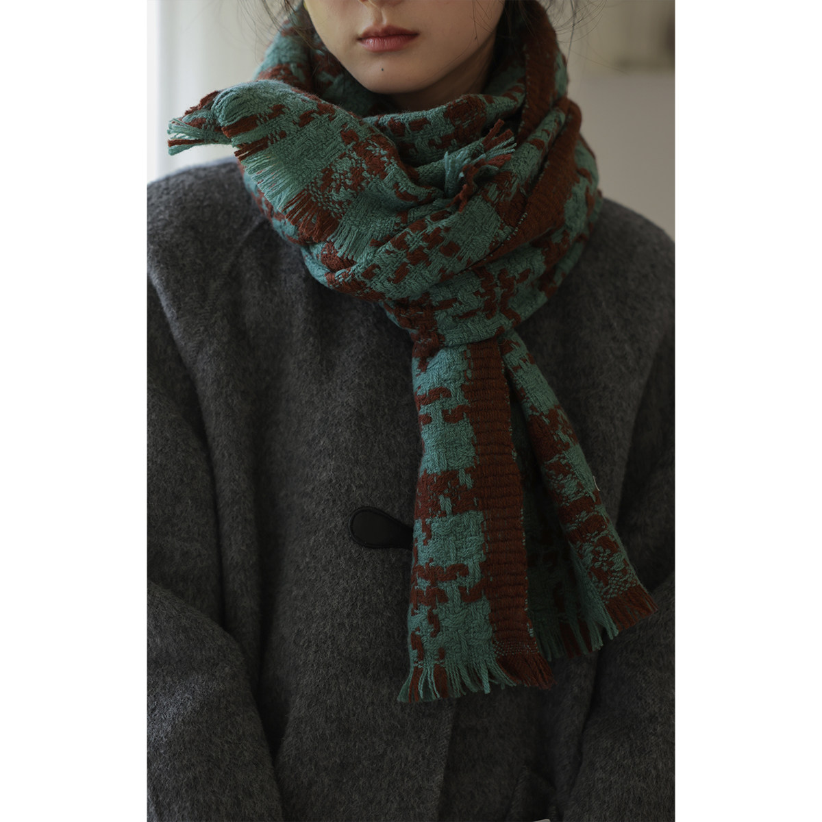 solighter 法式全羊毛绿色千鸟格围巾女2025秋冬新款软糯保暖围脖,淘宝优惠券,粉丝福利购,淘宝优惠卷