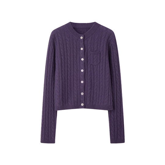 Solighter100% wool round neck cable cardigan
