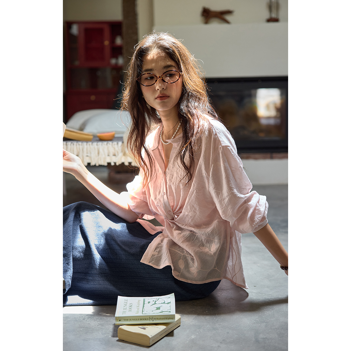 solighter 法式绣花立领薄款长袖衬衫女夏季2025新款宽松防晒罩衫 - 图0