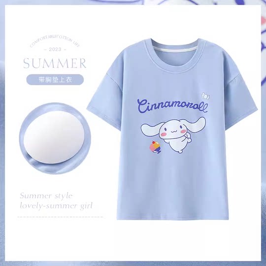 Full cotton breast pad pajamas women's single top without bra short-sleeved T-shirt in summer pure cotton thin round neck anti-convex dots