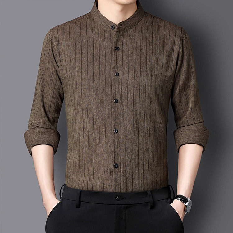 春秋新款亚麻中国风衬衫男长袖立领中年商务休闲条纹棉麻免烫衬衣,淘宝优惠券,粉丝福利购,淘宝优惠卷