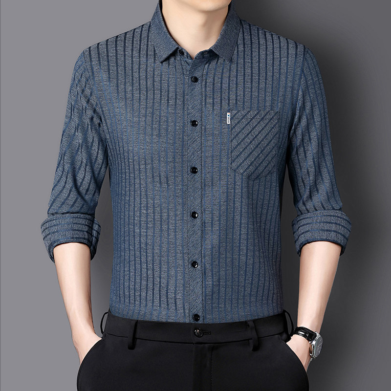 桑蚕丝长袖衬衫男士条纹中年商务休闲免烫薄款春秋季真口袋衬衣男,淘宝优惠券,粉丝福利购,淘宝优惠卷