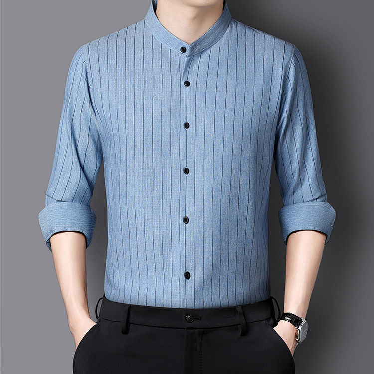 春秋新款亚麻中国风衬衫男长袖立领中年商务休闲条纹棉麻免烫衬衣,淘宝优惠券,粉丝福利购,淘宝优惠卷