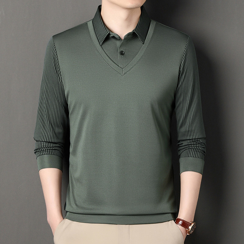 春秋季男士薄款长袖T恤商务休闲衬衫领假两件爸爸男装宽松打底衫,淘宝优惠券,粉丝福利购,淘宝优惠卷