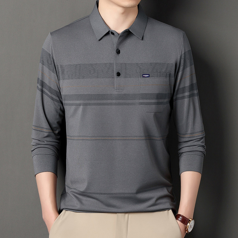 春秋季长袖t恤男士真口袋翻领爸爸装中老年条纹宽松打底Polo衫男,淘宝优惠券,粉丝福利购,淘宝优惠卷