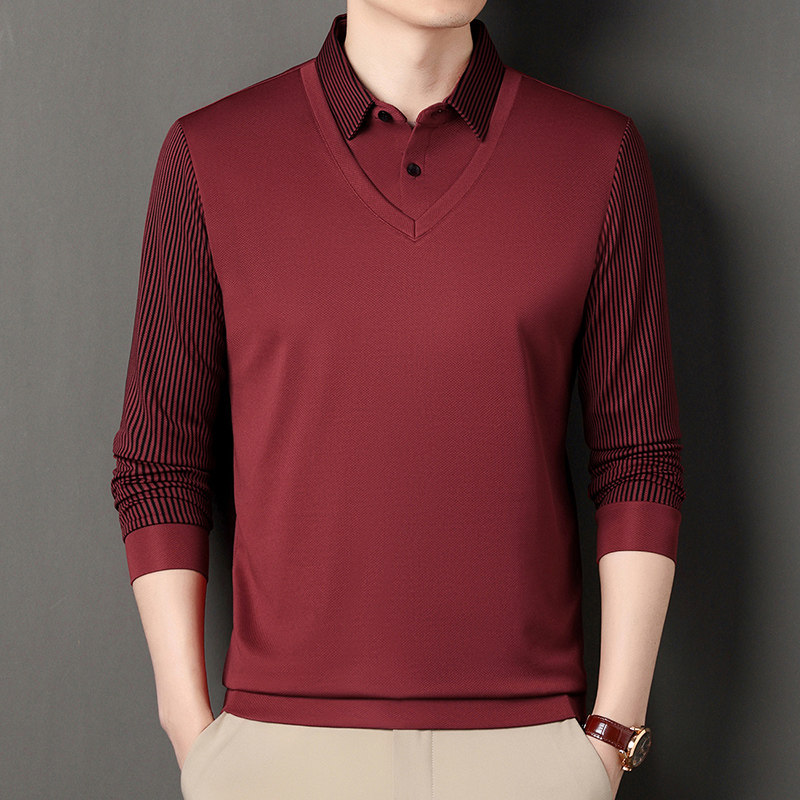 春秋季男士薄款长袖T恤商务休闲衬衫领假两件爸爸男装宽松打底衫,淘宝优惠券,粉丝福利购,淘宝优惠卷