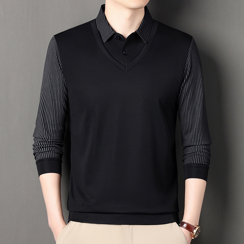 春秋季男士薄款长袖T恤商务休闲衬衫领假两件爸爸男装宽松打底衫,淘宝优惠券,粉丝福利购,淘宝优惠卷