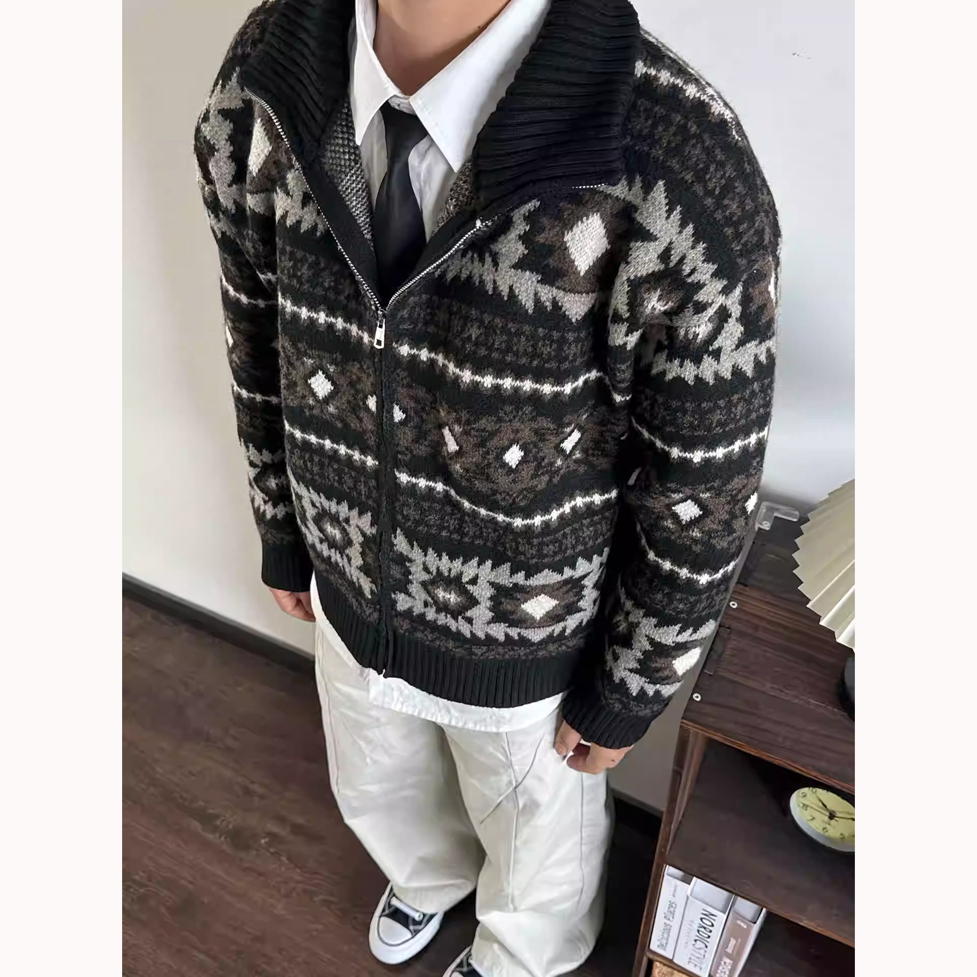 美式复古立领费尔岛提花开衫毛衣男针织衫夹克宽松保暖外套毛线衣,淘宝优惠券,粉丝福利购,淘宝优惠卷