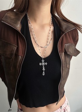合金项链 甜酷y2k个性多层叠戴串珠十字架项链辣妹锁骨链潮