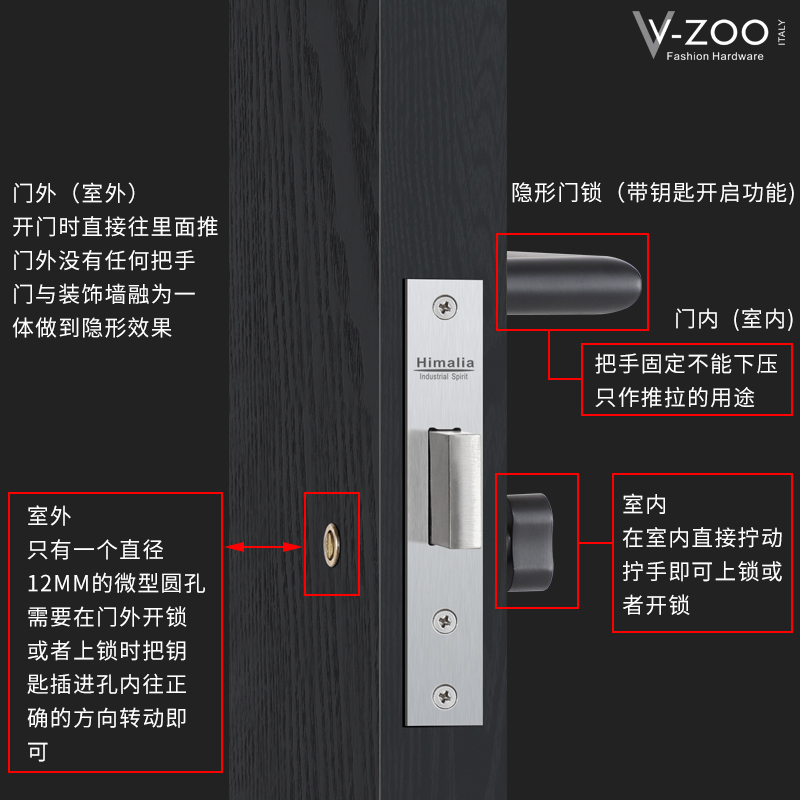 vzoo隐形门锁玫瑰金色双面带钥匙暗锁黑色密室锁把手卧室暗装锁-图0