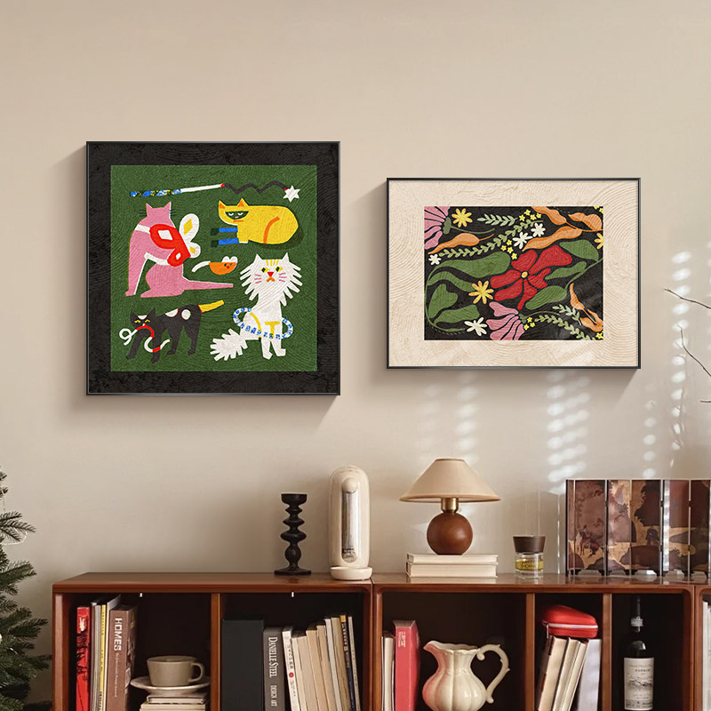 中古餐厅客厅电视柜桌面装饰画动物艺术画多巴胺卧室壁画复古挂画