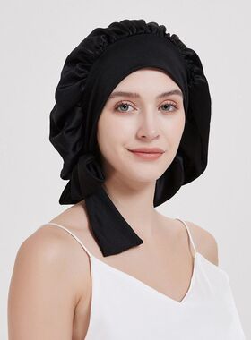 新品 100桑蚕丝素绉缎护发宽边系带可调节弹力松紧大号真丝睡帽女