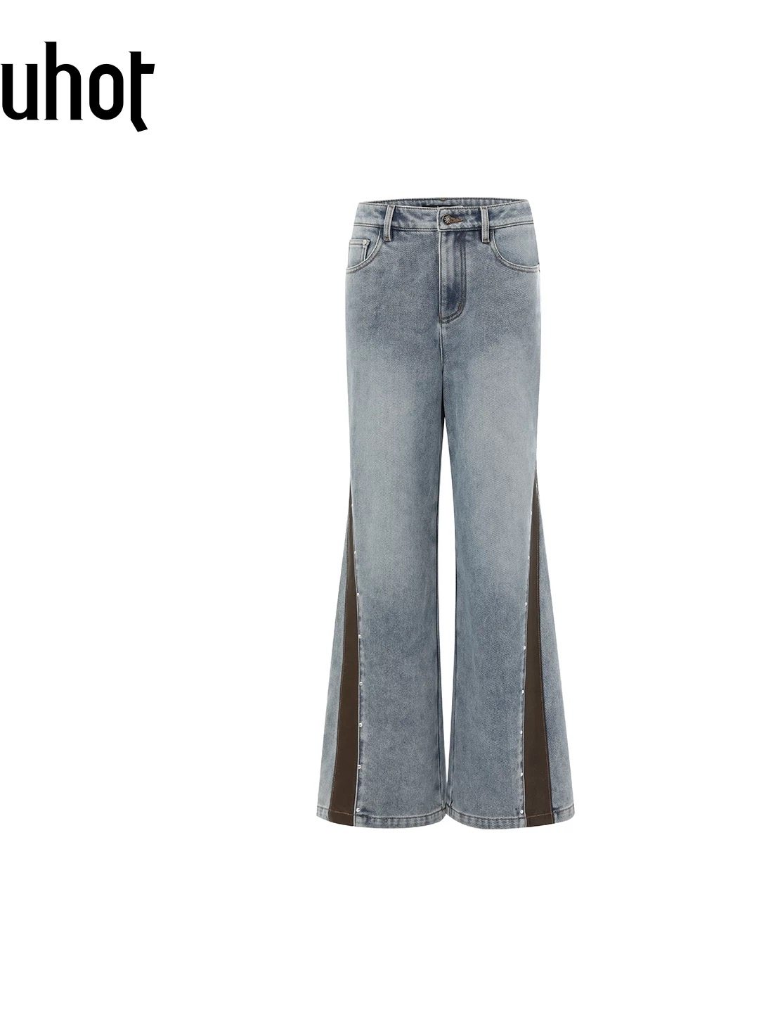 uhot/诱货蓝色拼皮水洗阔腿牛仔裤女复古撞钉微喇气质 UWWW1K696M,淘宝优惠券,粉丝福利购,淘宝优惠卷