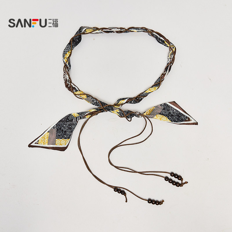 三福女皮带2025冬季游牧风丝巾串珠撞色时尚pu女士腰带512286