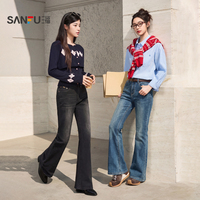 三福牛仔长裤2026新款春季时尚气质微喇裤复古喇叭裤子女装514405