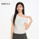 Sanfu slanted shoulder high-sleeved singlet sweet cool digital print pleated waist slim top for women 514724