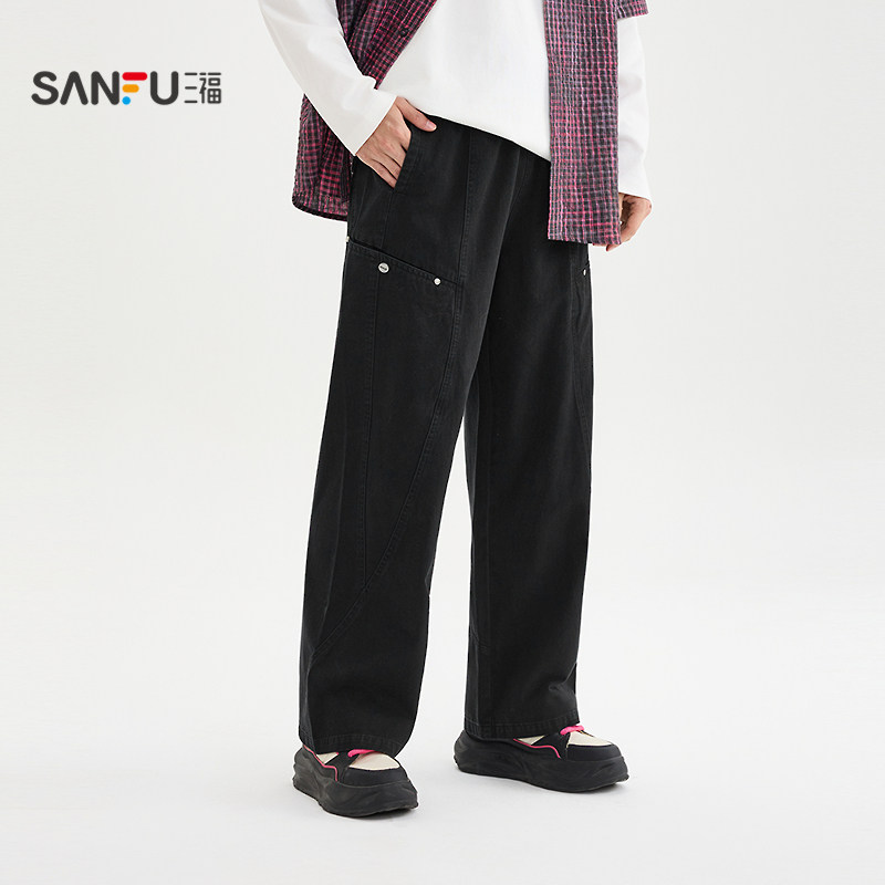 三福2026春季男士洗褪分割结构工装休闲裤 街潮直筒长裤513466,淘宝优惠券,粉丝福利购,淘宝优惠卷