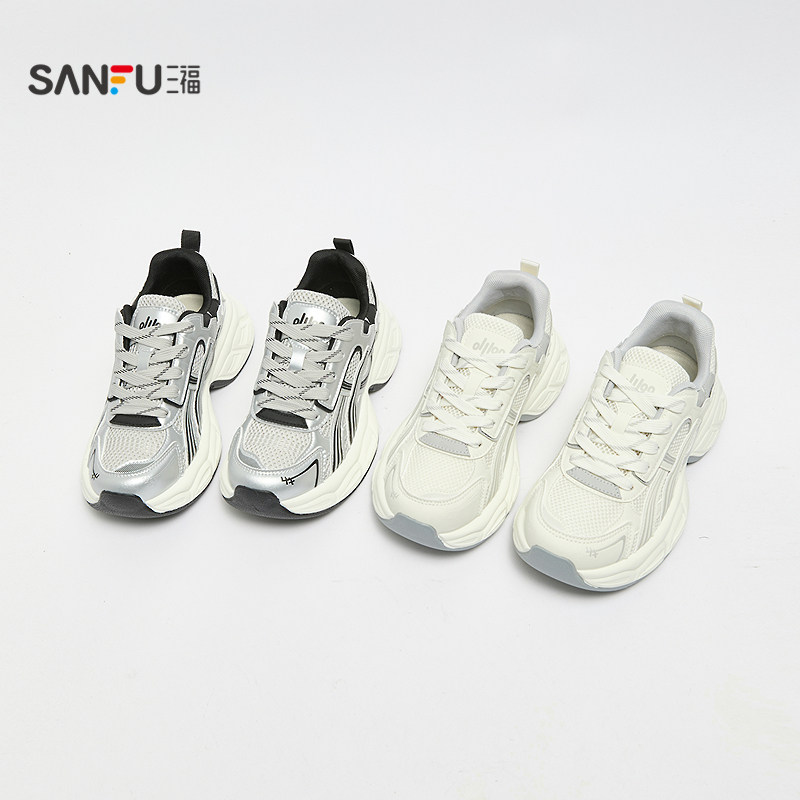 三福女运动鞋春季休闲潮酷系带流线网孔圆头老爹鞋女鞋855099