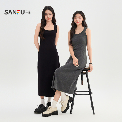 三福吊带连衣裙女2026新款夏季方领无袖修身显瘦背心裙长裙子女装