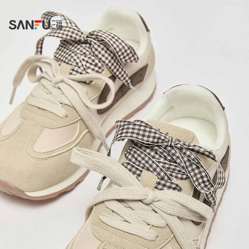三福女运动鞋春季甜酷复古风圆头慢跑鞋方格织带女鞋853113