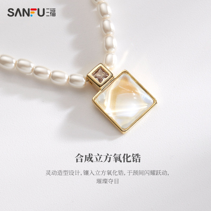 三福复古珍珠设计感小众装饰短项链 三福服饰项链