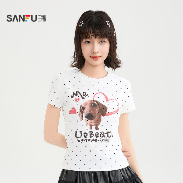 ເສື້ອຍືດສັ້ນ Sanfu 2026 summer street fashion cute puppy print round neck fitted top women's 524347