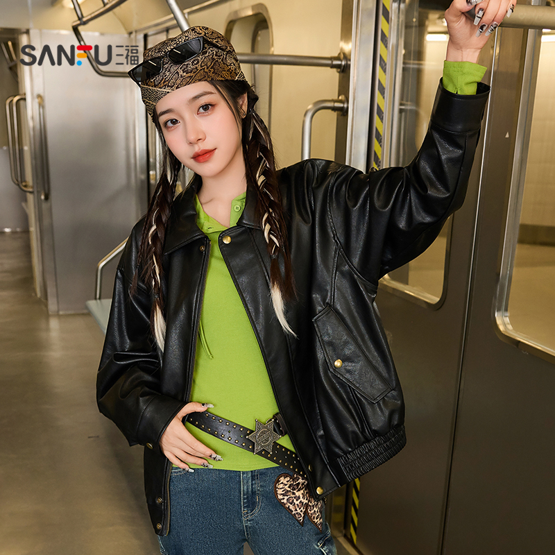 三福皮衣夹克2025新款秋季时尚复古宽松翻领黑色外套女装846474