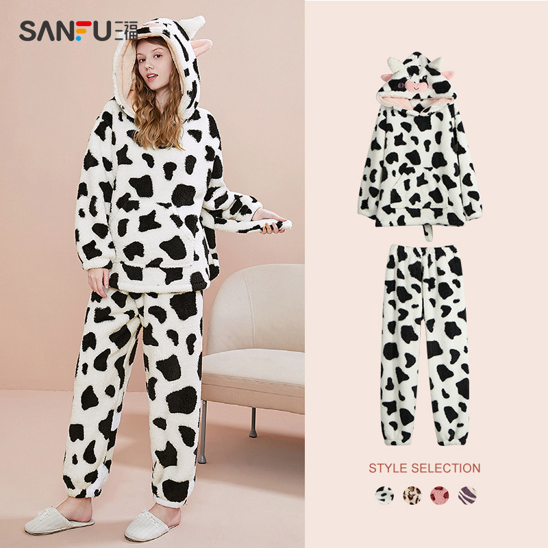 三福情侣款冬季新款豹纹长毛绒睡衣 三福服饰睡衣/家居服套装