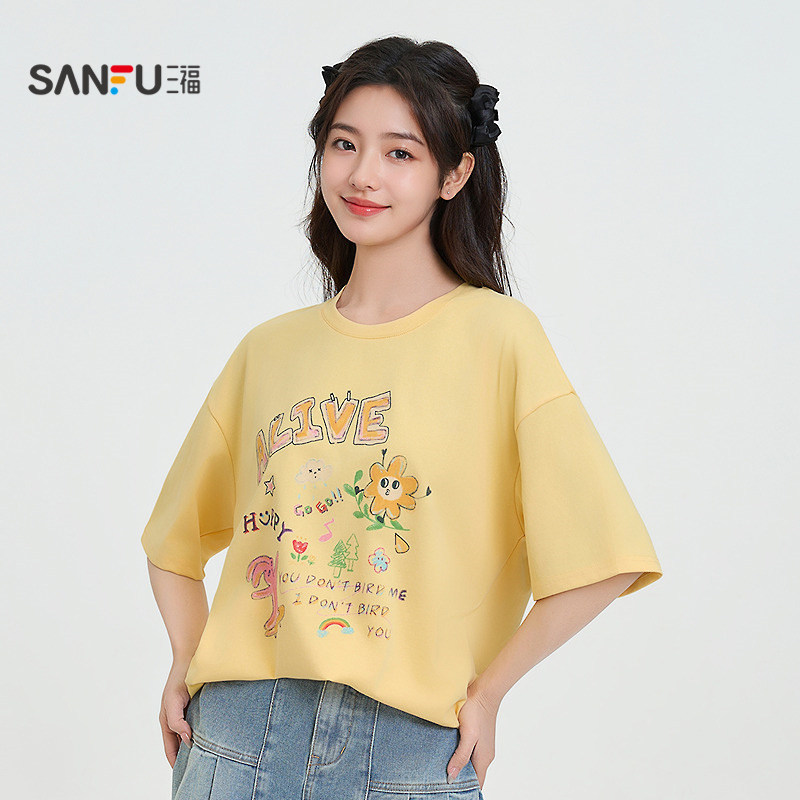 三福宽松短袖女2025新款夏季涂鸦印花t恤圆领减龄上衣女装498251,淘宝优惠券,粉丝福利购,淘宝优惠卷