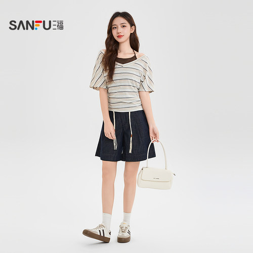 三福短裤女2026新款夏季时尚松弛感宽松休闲裤子直筒裤女装523426 - 图3