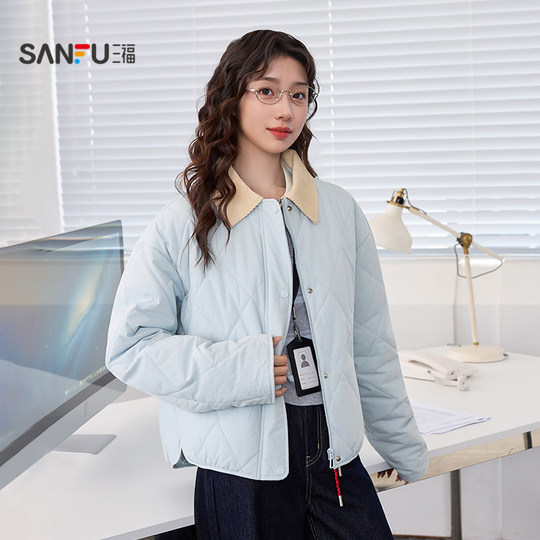 Sanfu cotton coat and cotton clothes for women 2025 winter contrasting corduroy cotton jacket diamond lattice loose jacket women's clothing 845249
