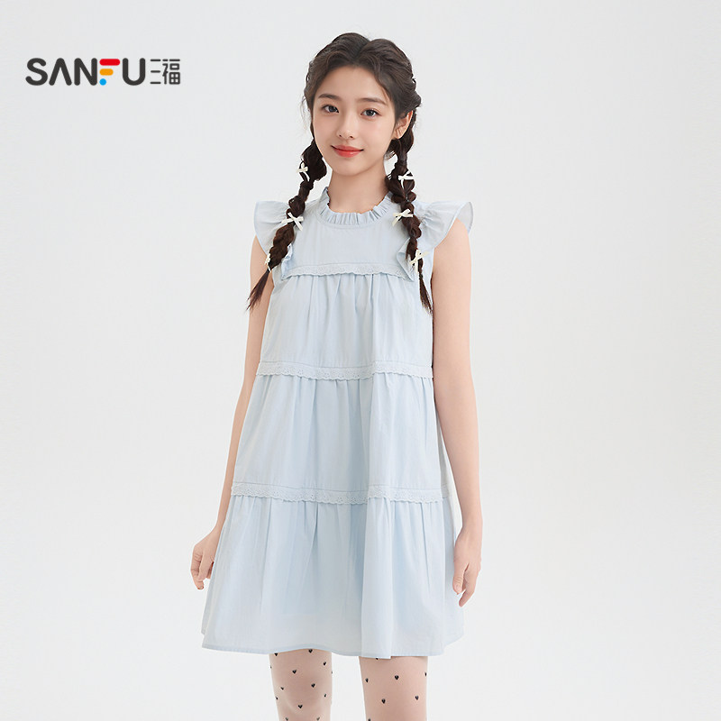 三福小飞袖连衣裙2026新款夏季蕾丝拼接A字宽松娃娃裙女装519311