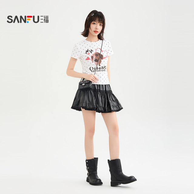 ເສື້ອຍືດສັ້ນ Sanfu 2026 summer street fashion cute puppy print round neck fitted top women's 524347